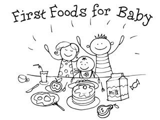 First Food for Babies. Nutrition. Kids Health. Graphic hand drawn sketch in vector.