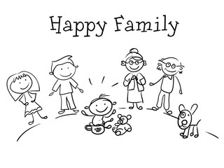 Happy family. Kids Health. Graphic hand drawn sketch in vector.