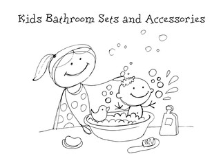 Kids Bathroom Sets and Accessories. Kids Health. Graphic hand drawn sketch in vector.