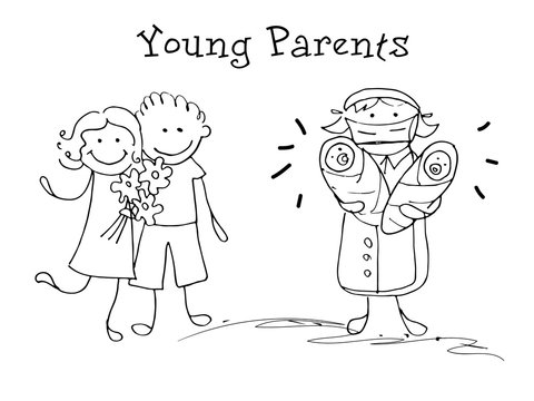 Young parents. Kids Health. Graphic hand drawn sketch in vector.