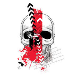 Vector illustration with dotted skull, abstract arrows, butterflies and blots in red and black isolated on white. Sketch for tattoo in trendy Trash Polka and dotwork style. Creative design for tattoo. © bokasana