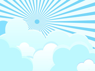 Vector clouds on blue background with sun rays.