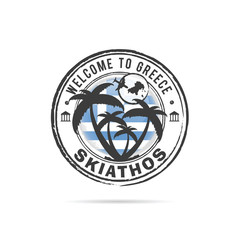 grunge rubber stamp Skiathos with Greek flag and palm illustrati