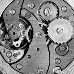 Black and white old clockwork with gears
