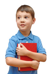 Child holding book isolated on white background