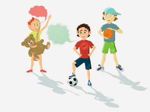 illustration with children and cloud patterns of phrases. Little girl with a teddy bear and boys soccer and basketball balls. Set of isolated icon.