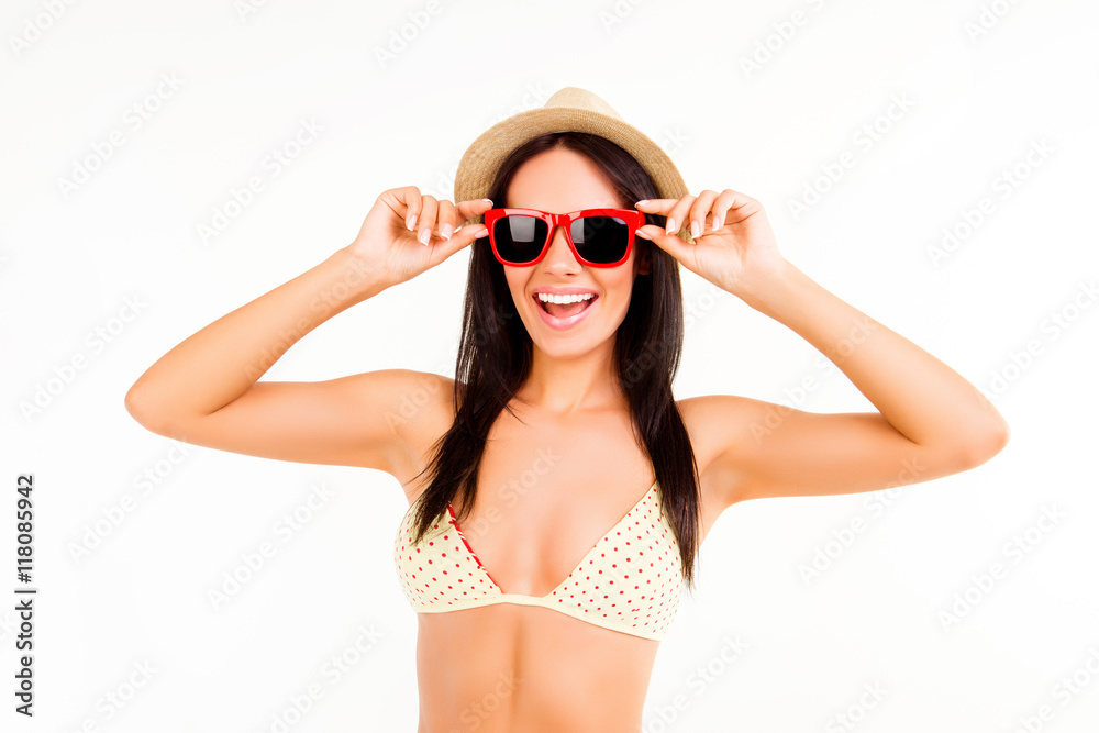 Sticker Beautiful happy woman in summer hat and spectacles laughing