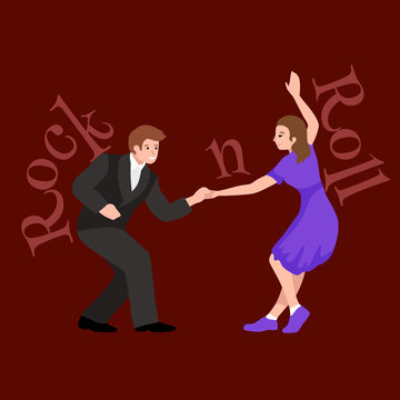 Young couple dancing lindy hop or swing in a formation, man and woman Rock and Roll dancing, vector illustration, isolated, people girl and boy have fun on party