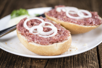 Bun with Mett (German cuisine; selective focus)