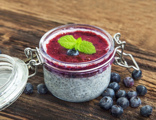Chia pudding dessert with blueberry topping