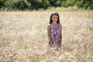 Beautiful young little girl running summer field