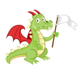 Defeated surrendering dragon holding a white flag.