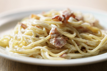 fresh homemade spaghetti carbonara with smoked bacon
