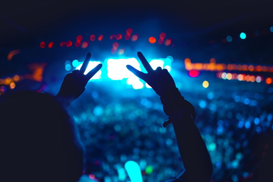 Silhouette of hands showing love for artists at concert, festival. Hand gestures agains lights background