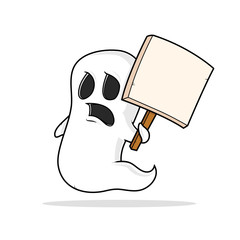 Spooky cartoon ghost holding blank sign vector illustration