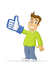 Happy man with thumb up foam finger vector illustration