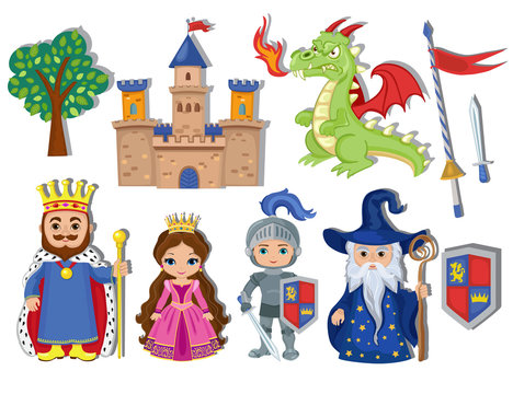 Vector set of medieval fairy tale element icons.