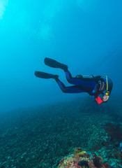 Silhouette of Scuba Diver near Sea Bottom