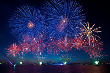 Colorful fireworks on the black sky background