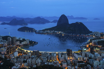 Night view of mountain Sugar Loaf and Botafogo in Rio de Janeiro