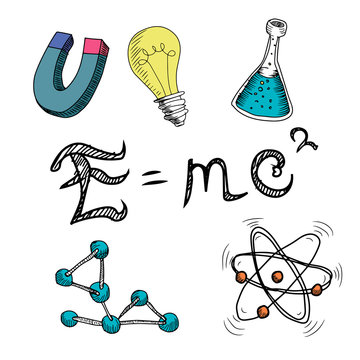 Mass-energy equivalence E=mc2 isolate on white background. Hand drawn illustrations. Vector