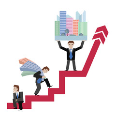 Fototapeta premium Businessman holding houses. Business concept the real estate market with arrow. Vector illustration of three businessmans standing sitting going on chart, isolated white background.
