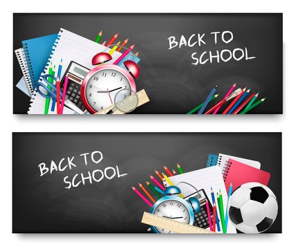 Two horizontal banners with school supplies. Vector.