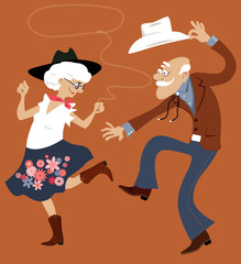 Senior couple dressed in traditional western costumes dancing square dance or contradance, EPS 8 vector illustration, no transparencies