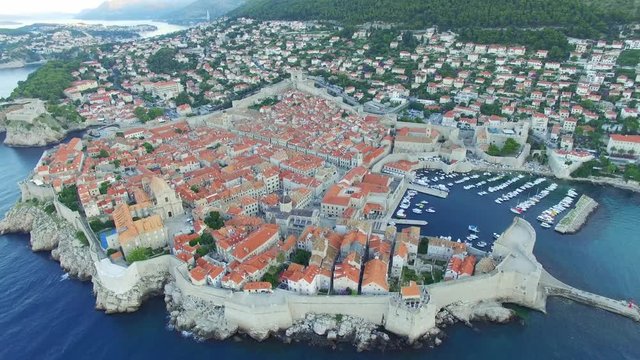 Aerial view of the old city of Dubrovnik before sunrise