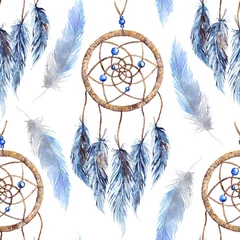 Wall murals Dream catcher Watercolor ethnic tribal hand made feather dream catcher seamless pattern