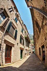 Fish-eye view of the old city on sky background