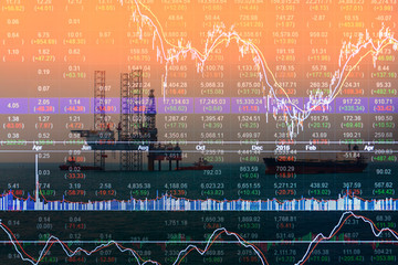 Stock market concept with oil rig in the gulf background,Double exposure