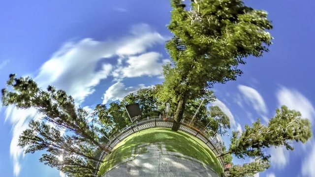 Little Tiny Planet 360 Degree Avenue Taras Shevchenko Prospectus in Kiev Cars Are Driven by Road Behind Fence Bench in Alley Green Trees Lawns People