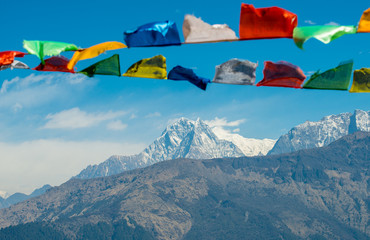 The Himalaya mountains range in Nepal with the holy prayer flag.