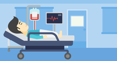 Man lying in hospital bed vector illustration.