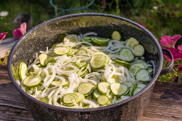 Metal bowl with sliced pickles