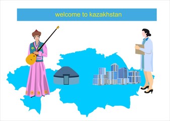 Kazakhstan map and girls in ethnic and modern dress