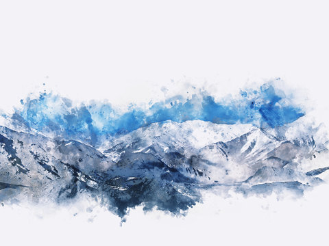 Mountains landscape in winter, digital watercolor painting