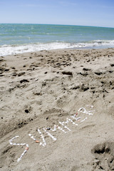 sea beach and vacation: summer written with the shells on the sa