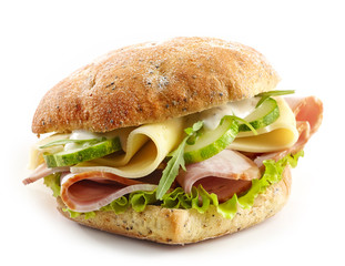 sandwich with meat, cheese and vegetables - obrazy, fototapety, plakaty