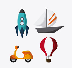 hot air balloon motorcycle sailboat rocket icon. Colorfull and flat , vector 