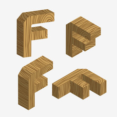Set of four wooden block,Three-dimensional wooden alphabet. Vector illustration of 3d, Letters F