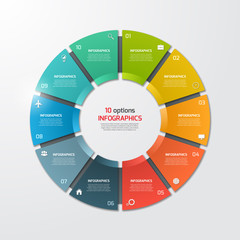 Pie chart circle infographic template with 10 options. Business concept.