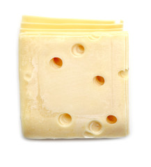 Slice of Swiss cheese close up,  isolated on white background