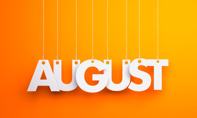 August - text hanging on the strings. 3d illustration