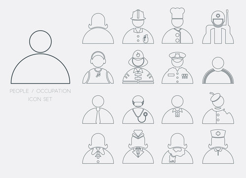People and occupation icon set in simple thin line graphic.