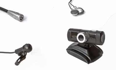 miniature microphone, webcam and headphones i
