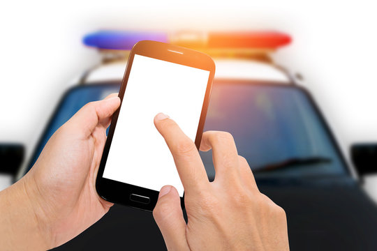 Smartphone with police car on white background