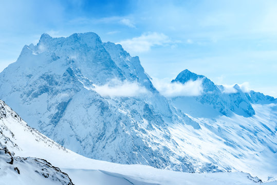 beautiful landscape winter snow covered of Dombaj mountain peaks