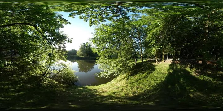 360Vr Video Nice View on the Backwater or Pond the City Park Spherical Panorama Sun Light is Shines Through Trees Branches Park in Opole Poland